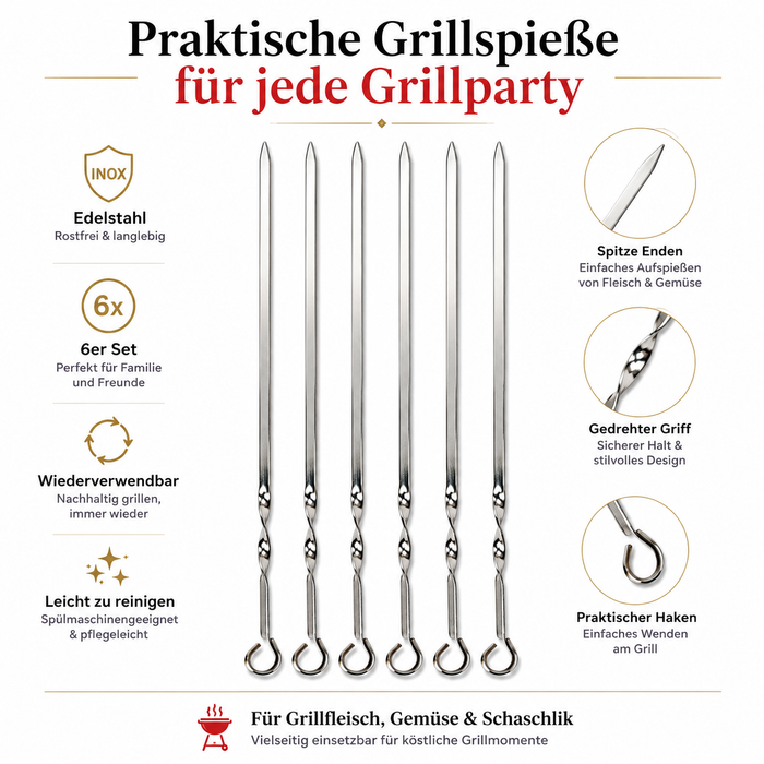 6x Grillspieße Edelstahl BBQ Schaschlikspieße Metallspieße Silber