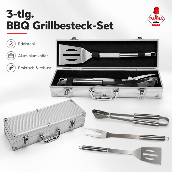 3-tlg Grillbesteck Set Edelstahl mit Alukoffer Grillzange Wender Gabel