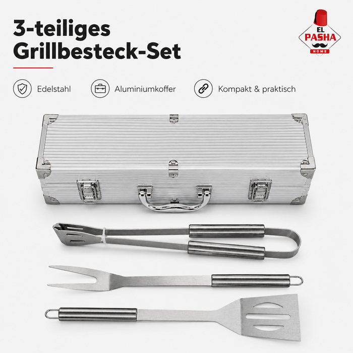 3-tlg Grillbesteck Set Edelstahl mit Alukoffer Grillzange Wender Gabel