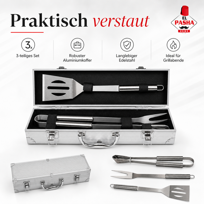 3-tlg Grillbesteck Set Edelstahl mit Alukoffer Grillzange Wender Gabel