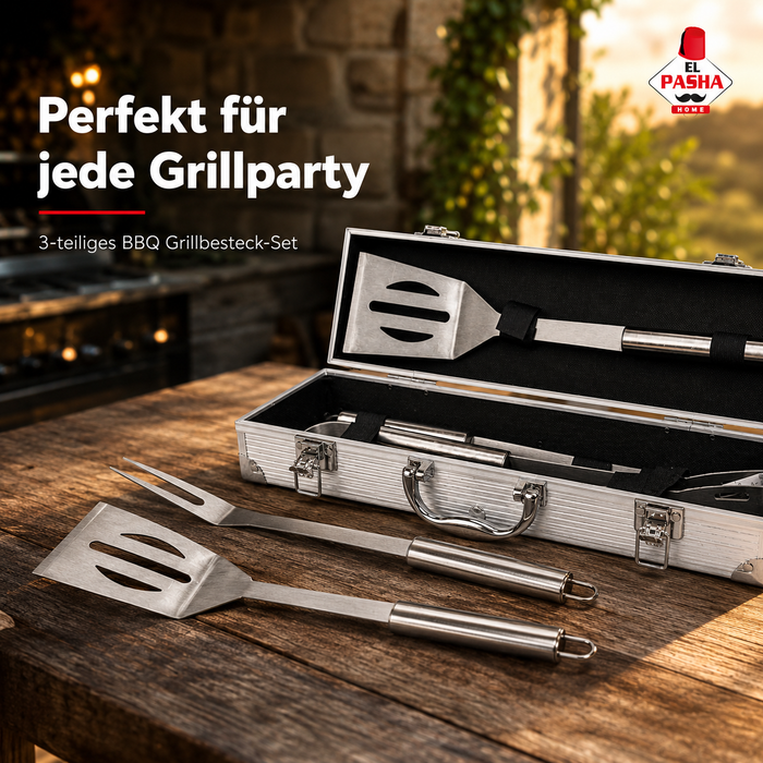 3-tlg Grillbesteck Set Edelstahl mit Alukoffer Grillzange Wender Gabel