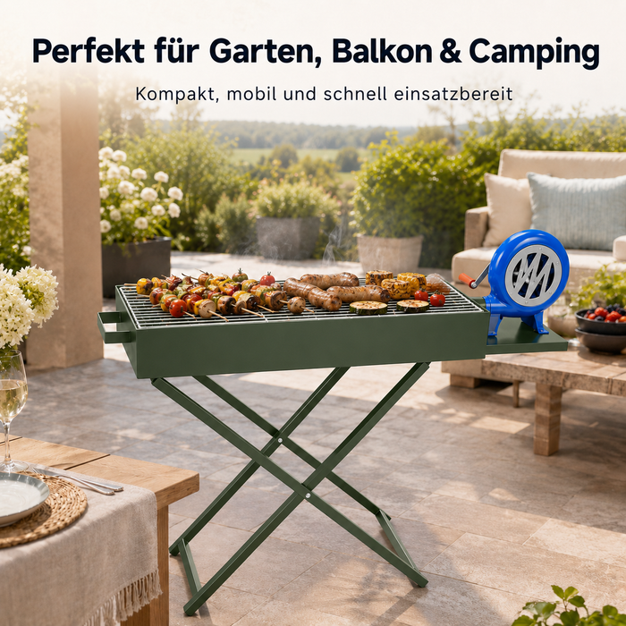 Klappbarer Holzkohlegrill mit Luftbläser Grillrost Camping Garten