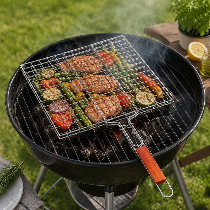 BBQ Grillkorb Grillgitter mit Holzgriff für Fleisch Fisch Gemüse
