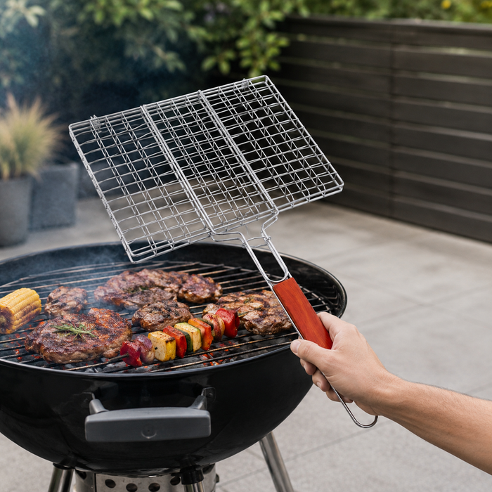 BBQ Grillkorb Grillgitter mit Holzgriff für Fleisch Fisch Gemüse
