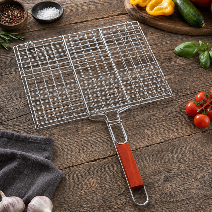 BBQ Grillkorb Grillgitter mit Holzgriff für Fleisch Fisch Gemüse