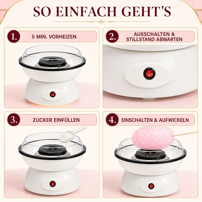 ALT: Minijoy Zuckerwattemaschine mit Messlöffel und Holzstäbchen