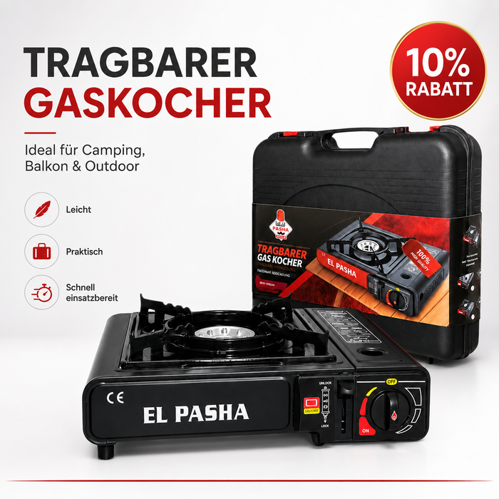 Tragbarer Gaskocher mit Koffer – EL PASHA Campingkocher Schwarz