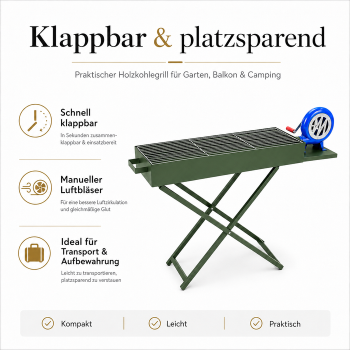 Holzkohlegrill klappbar 105 cm mit Luftbläser 80 x 30 cm
