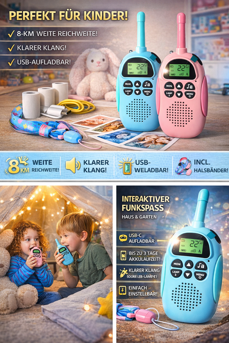 Kinder Walkie-Talkie 2er Set – Wiederaufladbar Rosa & Blau
