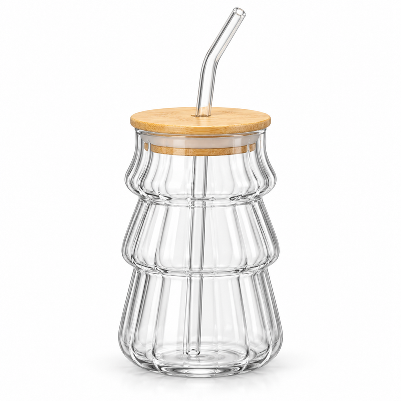 Geriffeltes 500 ml Trinkglas mit Bambusdeckel für Zitronenwasser