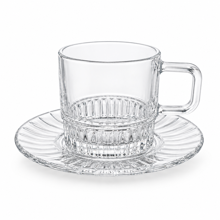 Glastasse mit rechteckigem Henkel und passender Untertasse, ca. 390 ml Fassungsvermögen