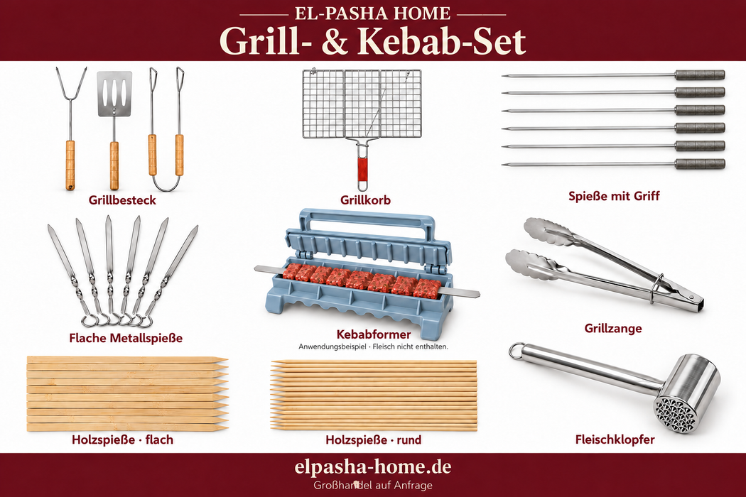 Grillzubehör-Set mit Kebabpresse, Grillkorb, Grillbesteck, Metall- und Holzspießen, Grillzange und Fleischklopfer auf weißem Hintergrund.