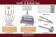 Grillzubehör-Set mit Kebabpresse, Grillkorb, Grillbesteck, Metall- und Holzspießen, Grillzange und Fleischklopfer auf weißem Hintergrund.
