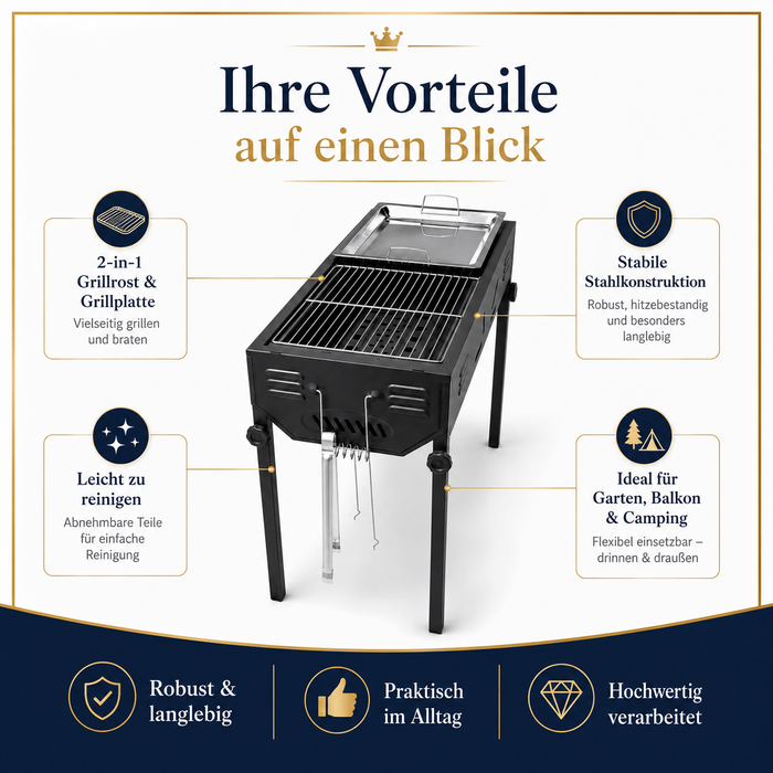 2-in-1 Holzkohlegrill BBQ Grill mit Grillrost Grillplatte Garten Camping