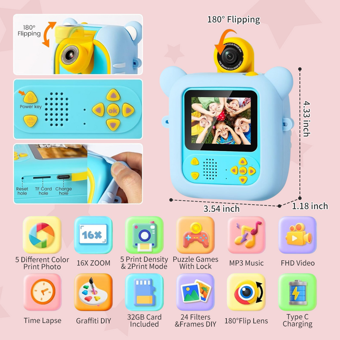 Kinder Sofortbildkamera mit Druckfunktion – 48MP, 1080P & 7 Papierrollen