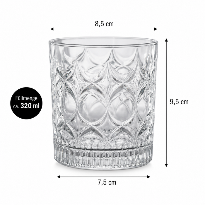 Klares Wasserglas 320 ml mit Rillen- und Reliefstruktur