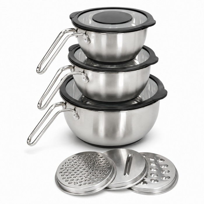 3-tlg Edelstahl Rührschüssel Set mit Deckel & Reibe | EL-PASHA HOME