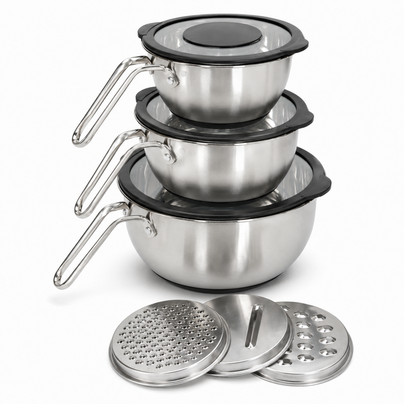 3-tlg Edelstahl Rührschüssel Set mit Deckel & Reibe | EL-PASHA HOME