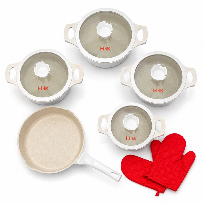 H.K Granite Kochgeschirr Set Beige mit 20 24 28 und 32 cm Töpfen