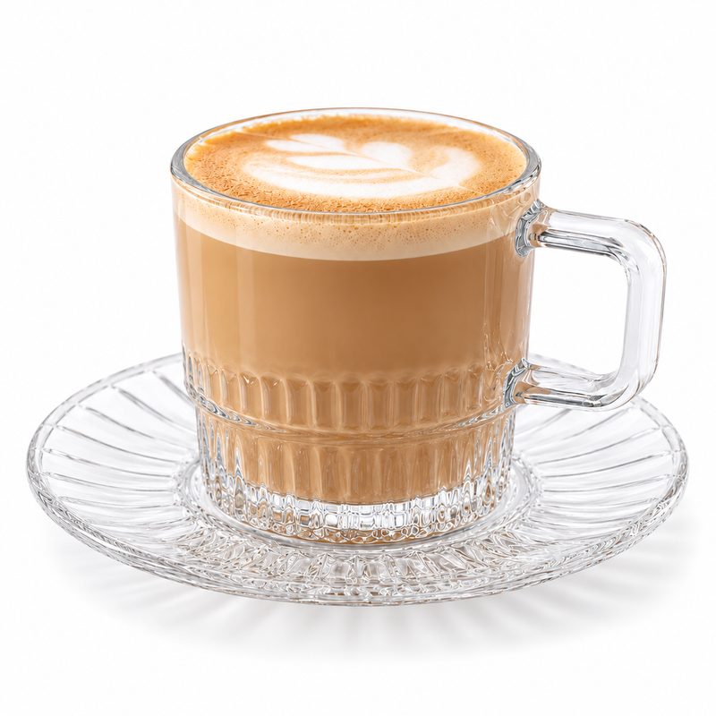 Sechs transparente Kaffeetassen aus Glas mit sechs passenden Untertassen und ca. 390 ml je Tasse