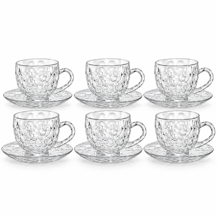 Transparente Glastasse 210 ml mit passender Glasuntertasse und Reliefdesign