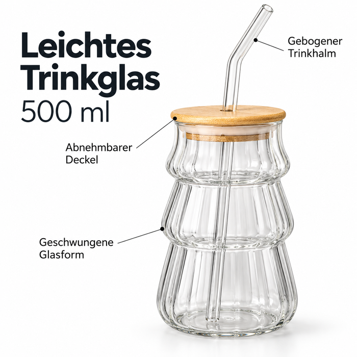 Transparentes geriffeltes Trinkglas mit Bambusdeckel und Strohhalm