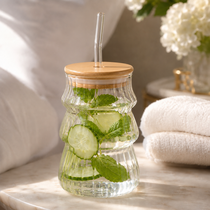 Trinkglas 500 ml mit Bambusdeckel Größenansicht
