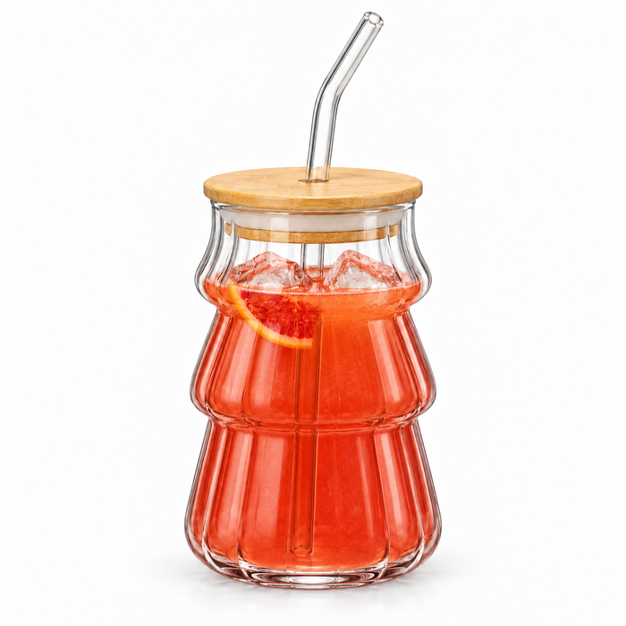 Trinkglas 500 ml mit Bambusdeckel und Glasstrohhalm