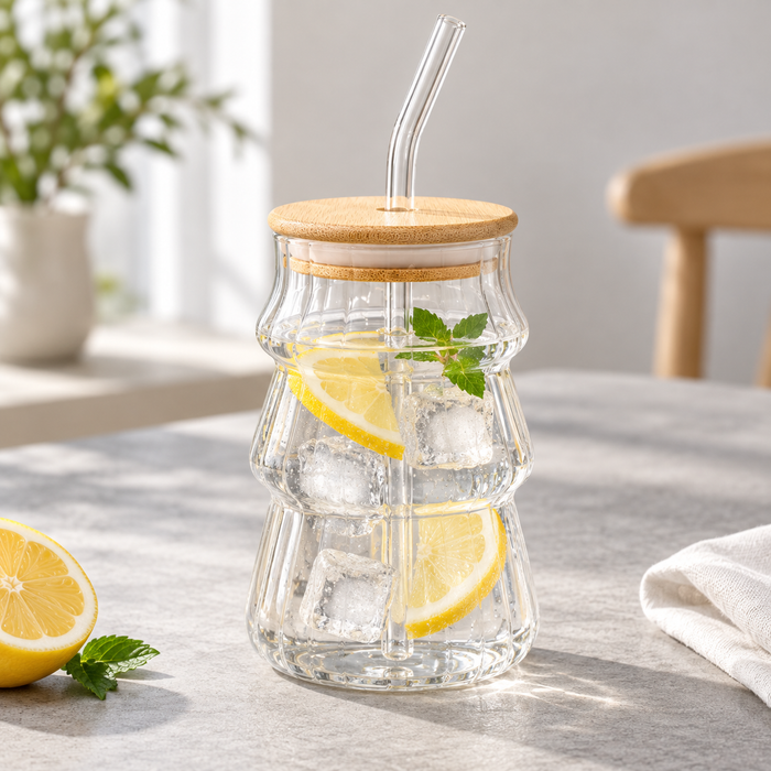 Trinkglas mit Bambusdeckel und Glasstrohhalm für Eiskaffee