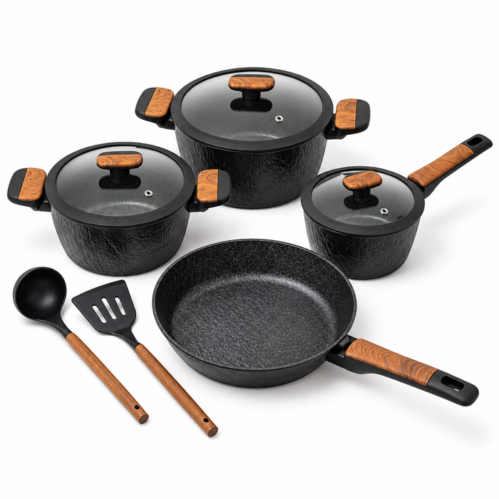 HONHEY 2512 Topfset 9-teilig Aluguss Antihaft Schwarz Holzoptik
