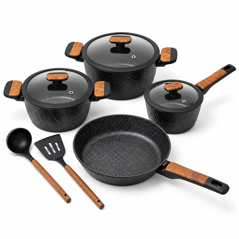 HONHEY 2512 Topfset 9-teilig Aluguss Antihaft Schwarz Holzoptik