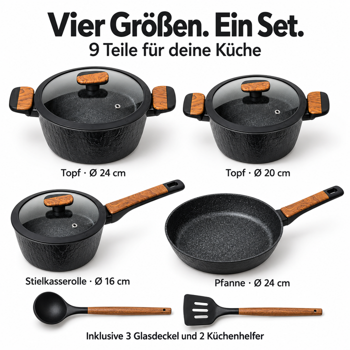 9-teiliges HONHEY Kochgeschirr Set mit zwei Küchenhelfern