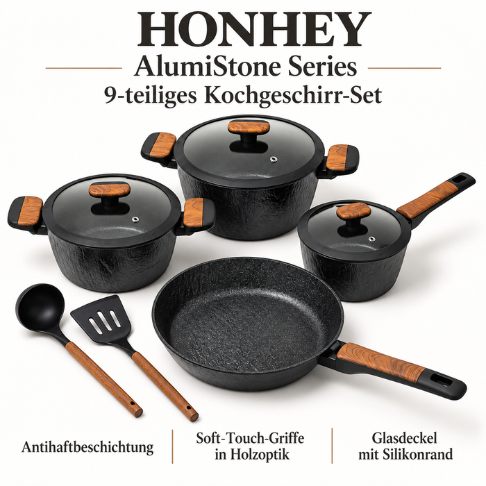 HONHEY 24 cm Bratpfanne Aluguss schwarz mit Holzoptik Griff