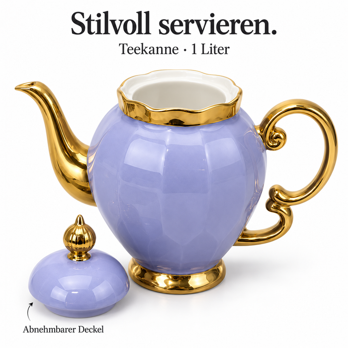 Lavendelfarbene Teekanne Gold 1 Liter aus Keramik