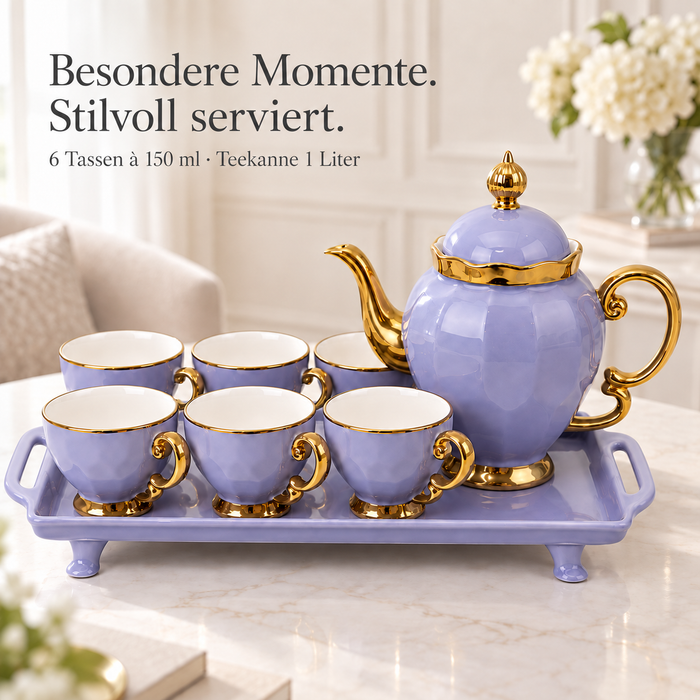 Teeservice Lavendel Gold mit 6 Tassen und Teekanne