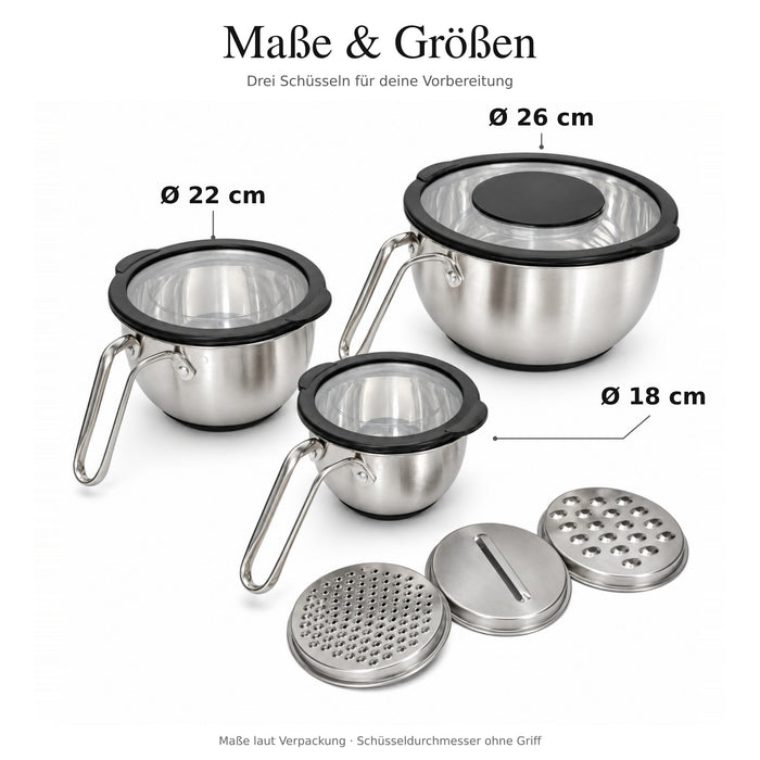 3-tlg Edelstahl Rührschüssel Set mit Deckel & Reibe | EL-PASHA HOME
